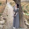Elegant Ballet-Inspired Grey Short-Sleeved Dress for Women - Summer 2026 High-End, Waist-Cinched, Beautifully Pleated Long Dress