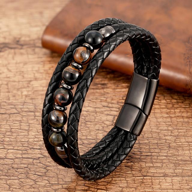 Trendy Multilayer Leather Bracelets Men Jewelry 9 Style Round Stone 8mm Beaded Bracelets For Male Women Valentine Day Gifts