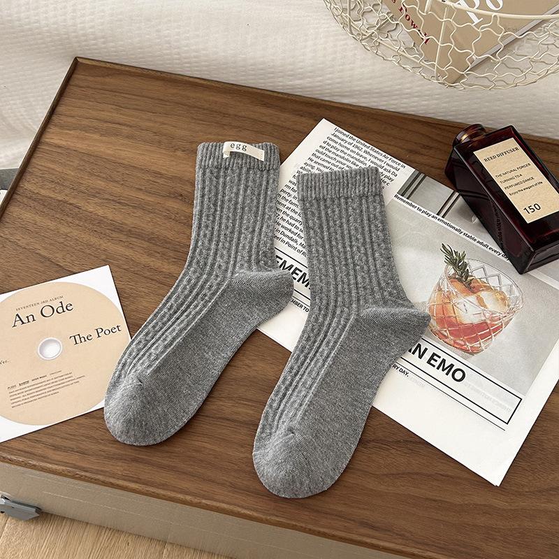 Women's Socks Egg Cloth Label Mid-calf Socks Autumn Linen Pattern Pile Socks Grey Socks