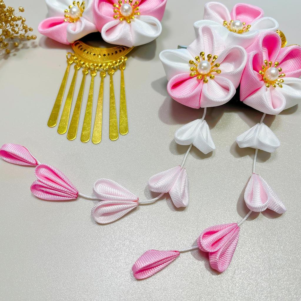 Pink and White Hair Ornament with Gold Perfect for Japanese and Dried Flower Tsumami-Zaiku Baby's Breath, Graduation, Clothing, Shichi-Go-San,