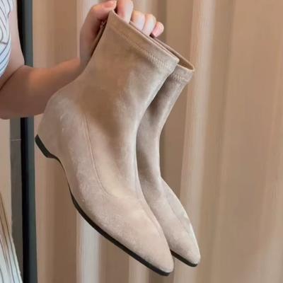 Sheepskin Version~ Temperament Niche Suede Pointed Head Inner Height Increase Rear Zipper Thin Boots Short Boots Women's Autumn and Winter Cowboy Boot