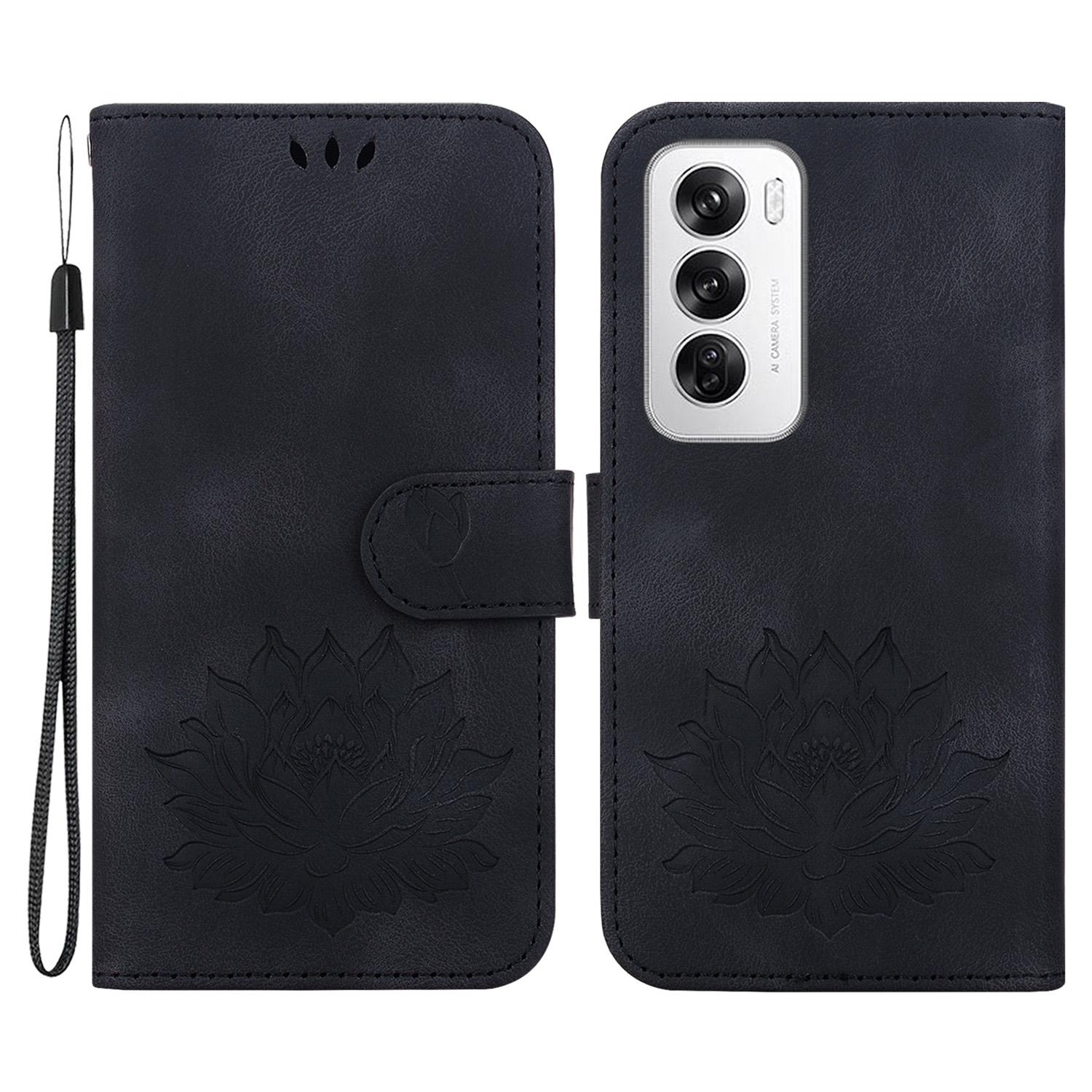 

For Oppo Reno12 5G (Global) Wallet Case Lotus Imprint Leather Stand Phone Cover Black