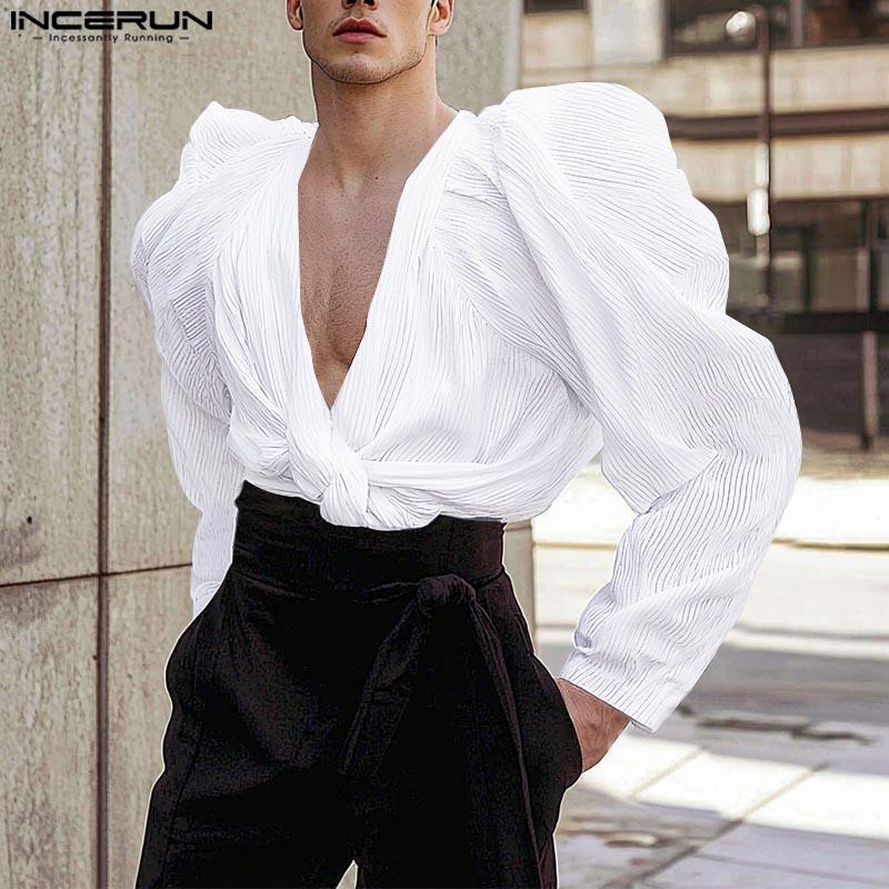

INCERUN Mens V Neck Long Puff Sleeve Texture Twisted Party Club Short Tops Shirts 4XL чёрный