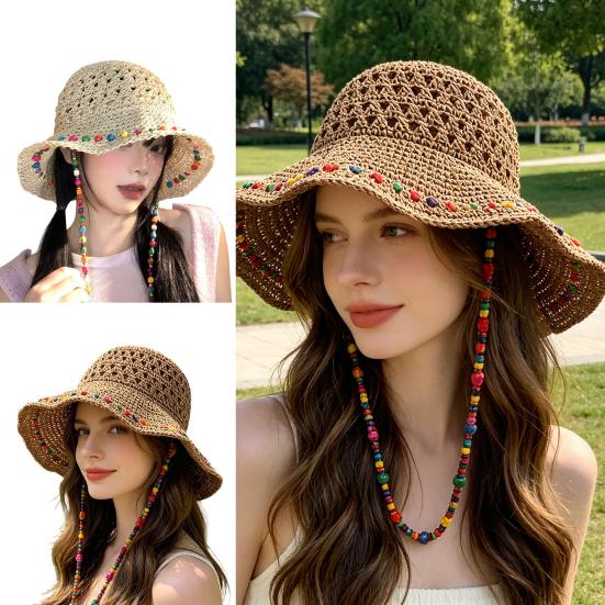 Straw Hand-Woven Wide Brim Straw Fabric Hat High-Density Fisherman Hat with Adjustable