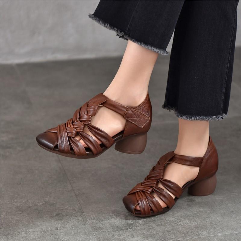 Johnature Genuine Leather Hand Woven Hollow-out Coarse Heel Sandals Retro Versatile High Heel Women's Shoes