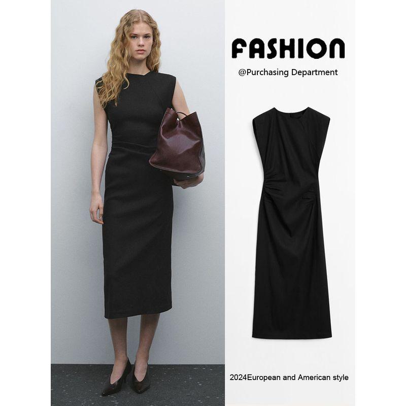Za2025 Summer New Product Women clothes Temperament Waist Hugging Mid-Length Sleeveless Dress Black Dress 06648589 800