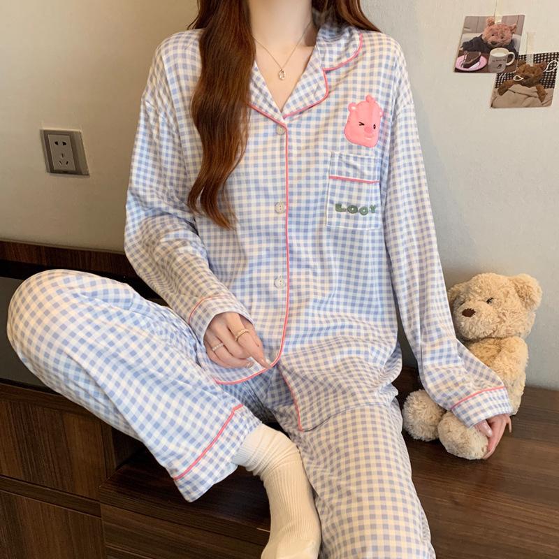 Plaid Long Sleeve Pajama Set with Pants – Spring & Autumn Style, Comfortable Home or Dorm Wear, Suitable for Outdoor Use
