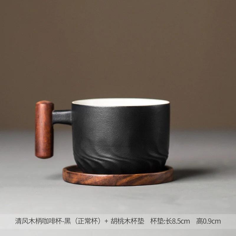 Wooden Handle Ceramic Coffee Cup Kung Fu Teacup Frosted Ceramic Mug Household Drinking Utensils Home Decoration Latte Flower Mug