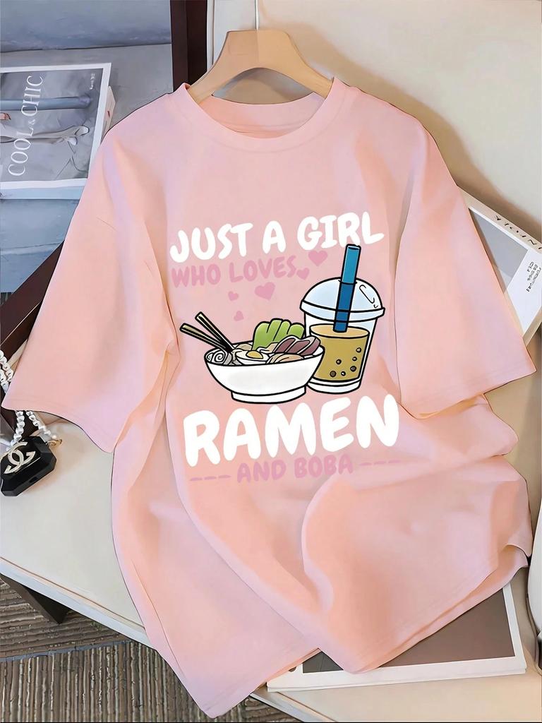 Loves Ramen And Boba Printing T-Shirt Women Cotton Summer T Shirt Comfortable Soft O-Neck Oversized Tops Basic Womans Clothes