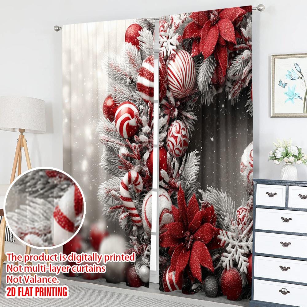 2pcs 2D flat printing High-Quality Christmas Curtains Christmas Wreath Snowflakes Ornaments Digital Printed Polyester Drapes
