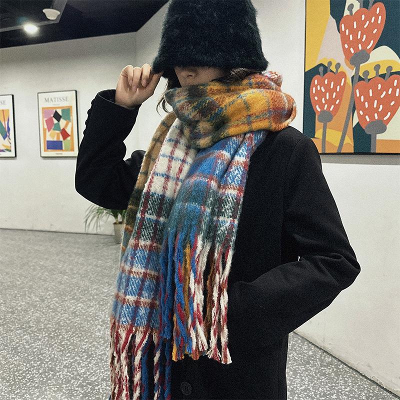 Wandering Artist Colorful Mohair Plaid Scarf - Warm Rainbow Winter Neck Gaiter with Tassels 180x50cm