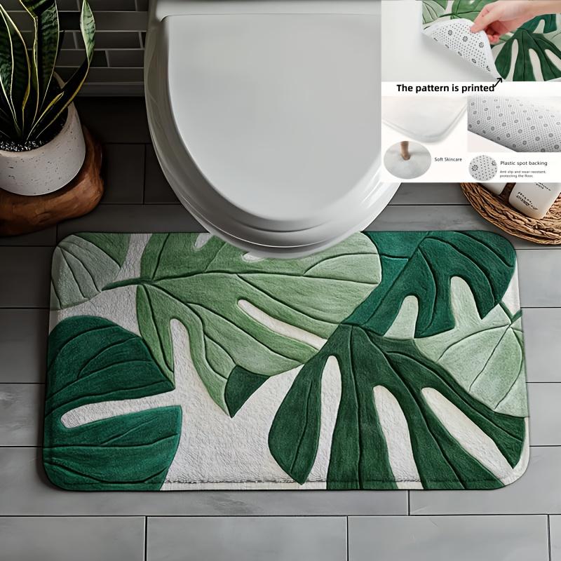 Tropical Green Leaf Print Bath Mat, Soft Flannel Plush Non-Slip Rug, Machine Washable Decor for Bathroom, Kitchen, Living Room