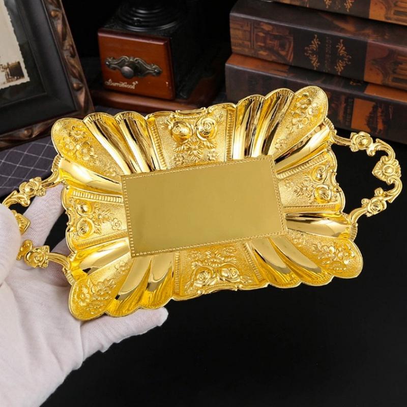 Fruit Tray, Alloy Cake Plate, Golden Exquisite Portable Hand Snack Disc,Nuts Organizer Living Room Party Desktop Decoration 28cm