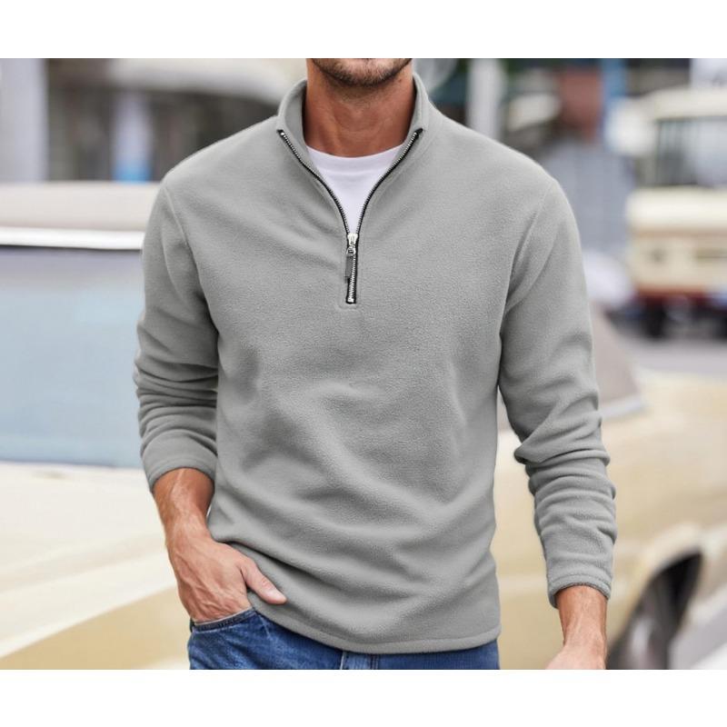 Men S Stand Collar Half Zip Fleece Sweatshirt Solid Color Long Sleeve Casual