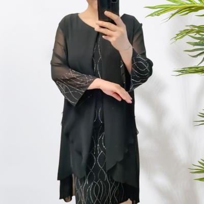 Summer Women Dress Double-layer Round Neck Iregular Mesh Patchwork Sheath Long Sleeves Plus Size Mother Midi Dress Prom Commute Dress