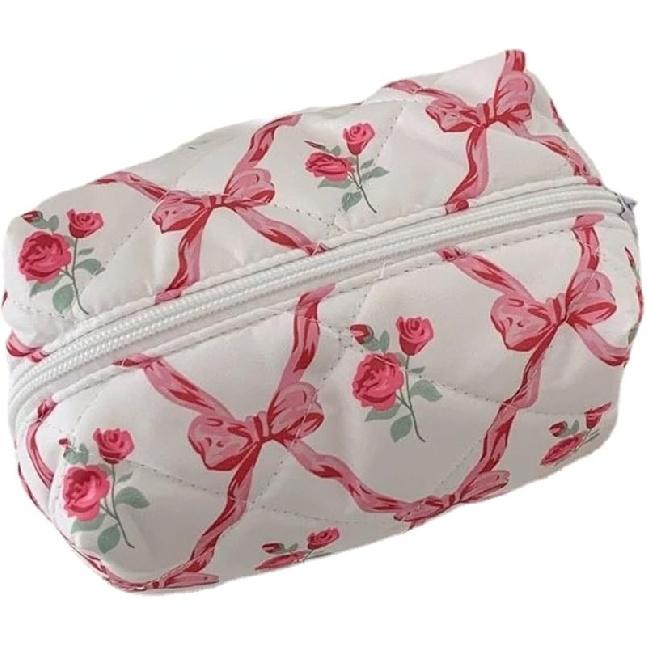 Cute Quilted Bow Y2k Makeup Bag Coquette Small Pouch Preppy Floral Heart Cosmetic Bag Toiletry Organizer Bag (Color03)