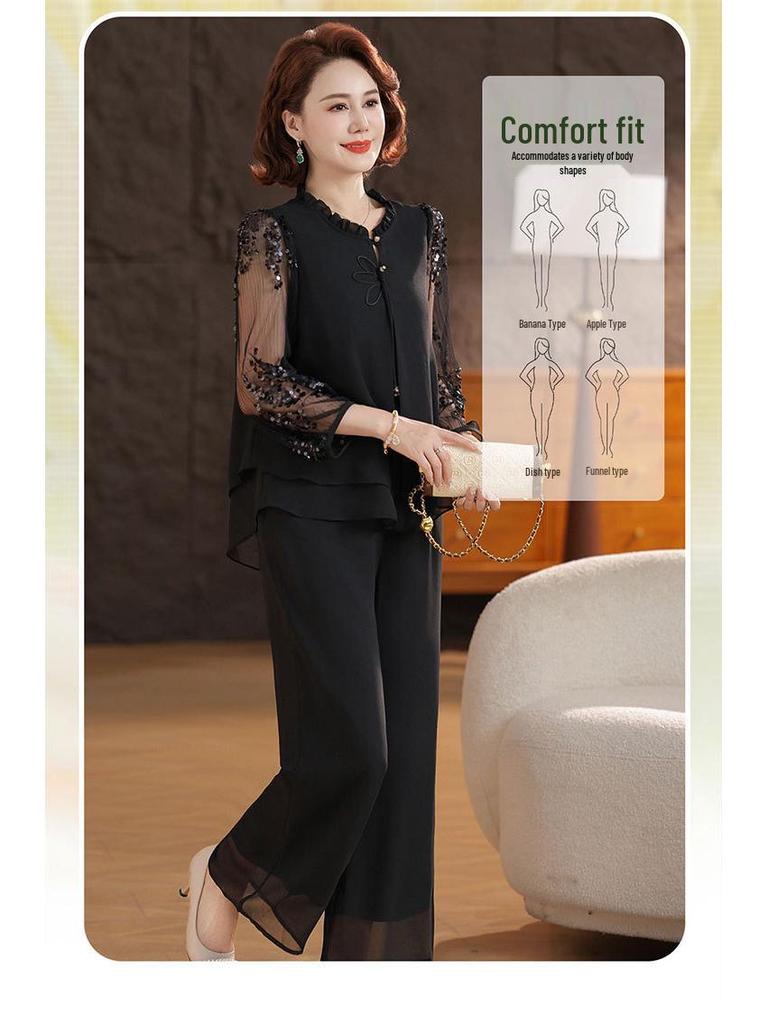 Chic Women's Suit: Mesh Sleeve Top & Wide-Leg Pants Set for Stylish Middle-Aged and Elderly Moms