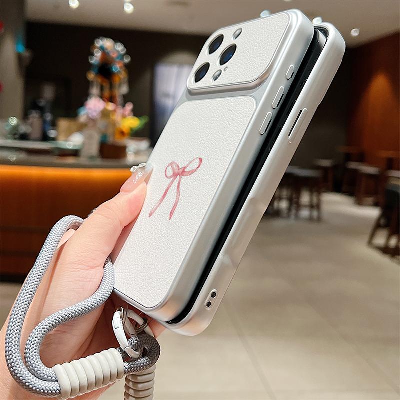 Pink Bowknots Print Leather Lanyard Case For iPhone 18 Pro Max Hybrid TPU+PU Anti-skid Soft Cover For iPhone 17 16 15 14 13 Pro Max
