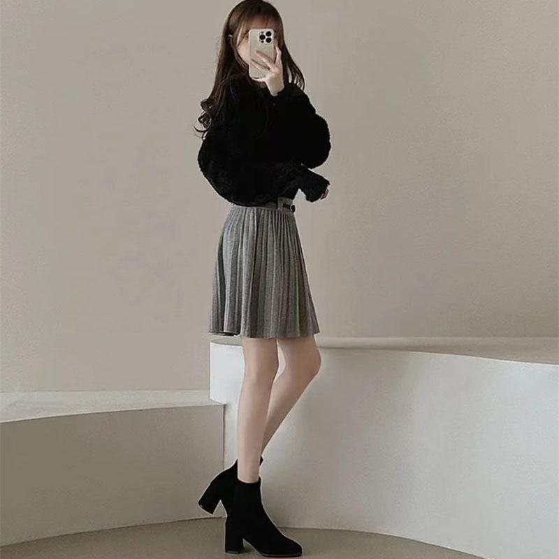 Autumn Winter Knitted Pleated Skirts Women Korean Fashion High Waist A-Line Skirts Ladies Elegant Streetwear Gray Skirt