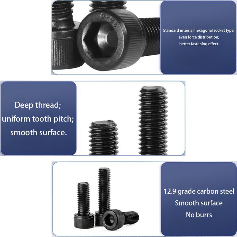 460pcs 12.9 grade black carbon steel knurled socket head cap screw set, DIN912 M3 M4 M5 M6 nuts and washers, for machinery.