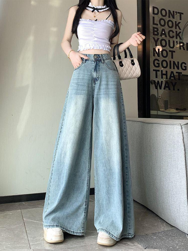 Women's Summer 2025 High-Waisted Wide-Leg Jeans, Floor-Length, Plus Size, Lightweight, Slimming Drape.