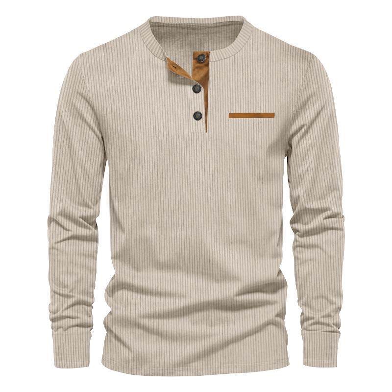 2024 European & American Spring Men's Corduroy Henry Shirt - Long Sleeve Slim Casual T-Shirt