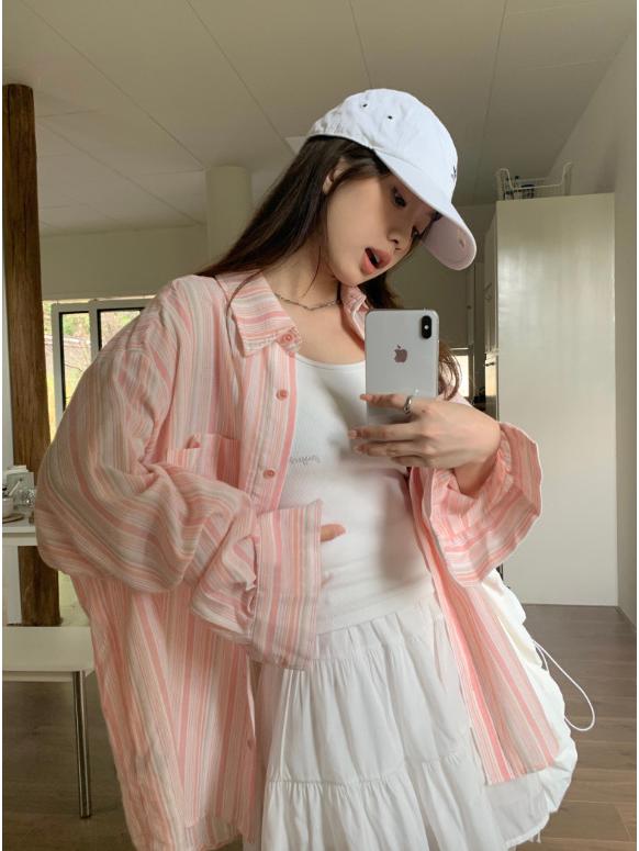 

Women s Retro Striped Shirt - Spring/Autumn 2024: Loose-Fit, Slimming, Long Sleeve, Niche Design Large рожевий