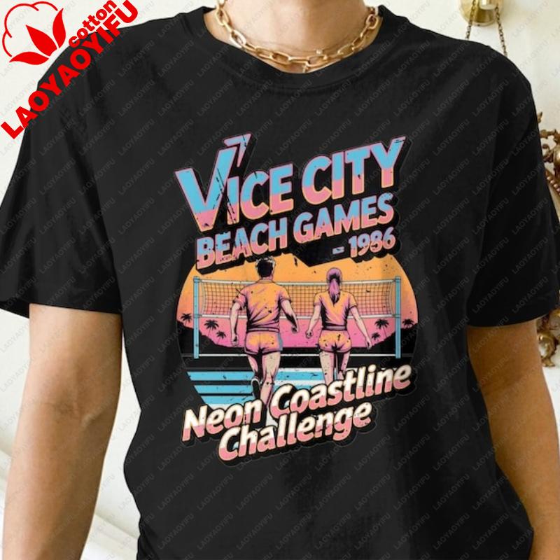 Vice City Games 1986 Neon Coastline Challengeretro Beach Crewneck Casual Tshirt 80s Summer Volleyball Unisex Graphic Tshirt