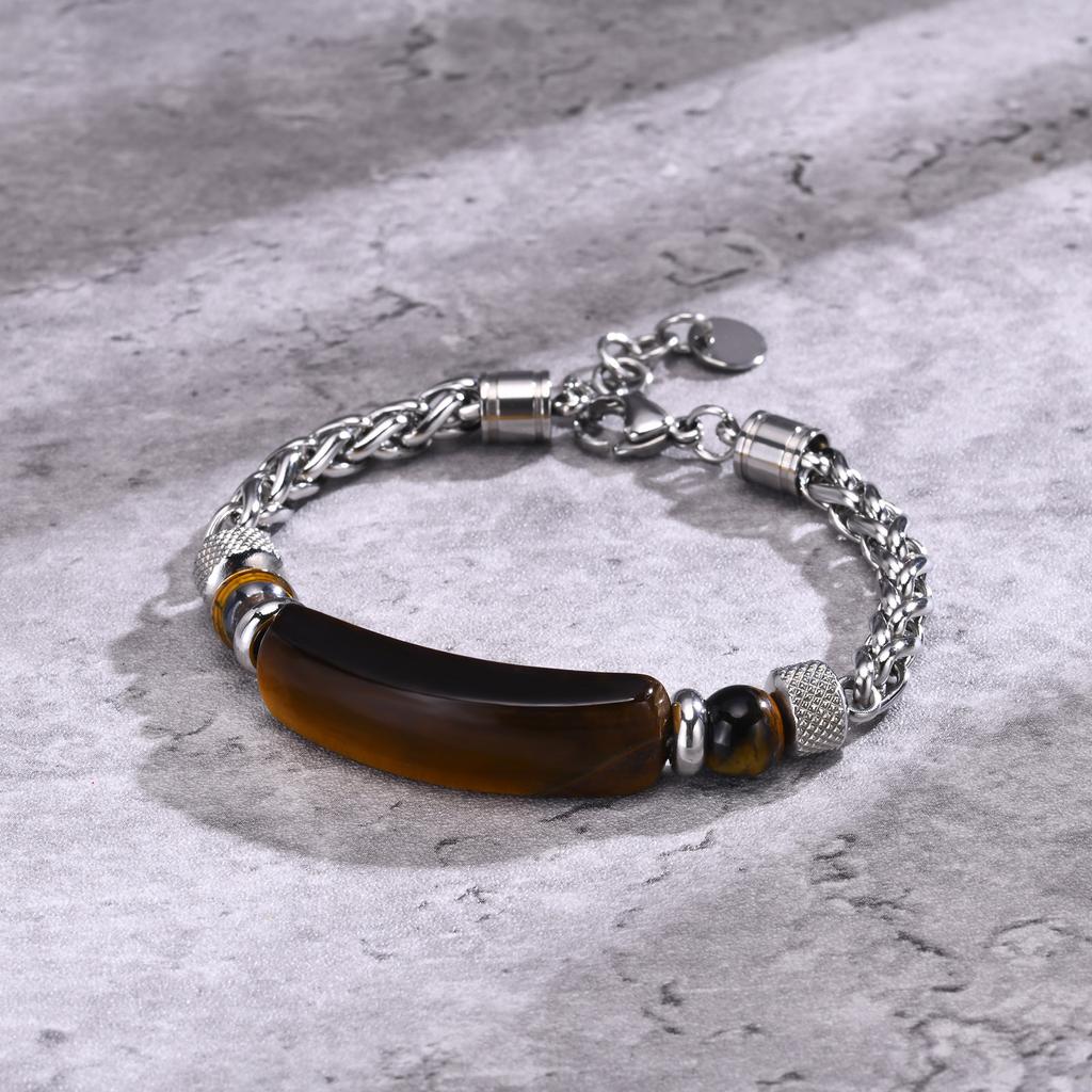 Natural Stone Bracelets for Men, Anti Allergy Stainless Steel Wheat Chain Wristband Gifts for Father Dad Birthday Christmas