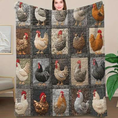Kohout Kostkovaný Vzor Deka Farmářská Flanelová Deka Vintage Potisk Kuřat Útulná Přehozová Deka Farmářská Prošívaná Deka pro Domov Postel Pohovka Dárek k Kolaudaci