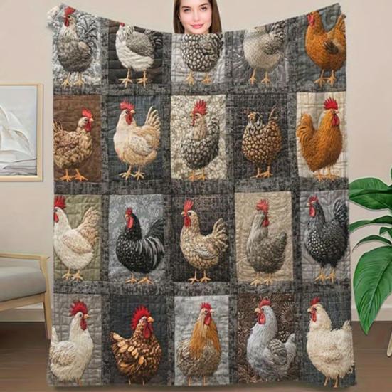 Kohout Kostkovaný Vzor Deka Farmářská Flanelová Deka Vintage Potisk Kuřat Útulná Přehozová Deka Farmářská Prošívaná Deka pro Domov Postel Pohovka Dárek k Kolaudaci