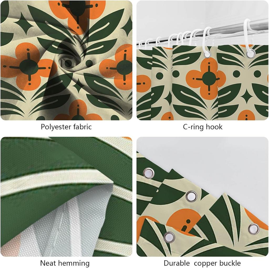 Orange Floral Shower Curtain, Vintage Mid-Century Abstract Geometric, Boho Retro Bathroom Decor, Waterproof Fabric
