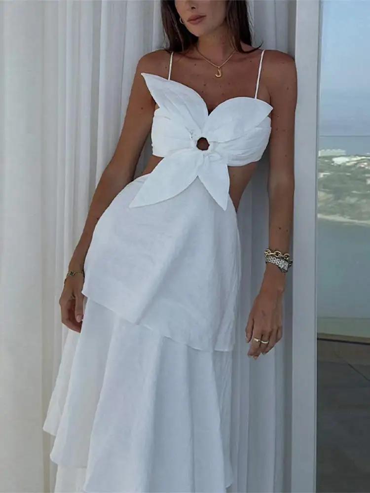 Sexy Elegant Hollow Out Ruffle Party Dress Summer Flower High Street Slim Long Dresses Fashion Chic Sweet Backless Beach Clothing