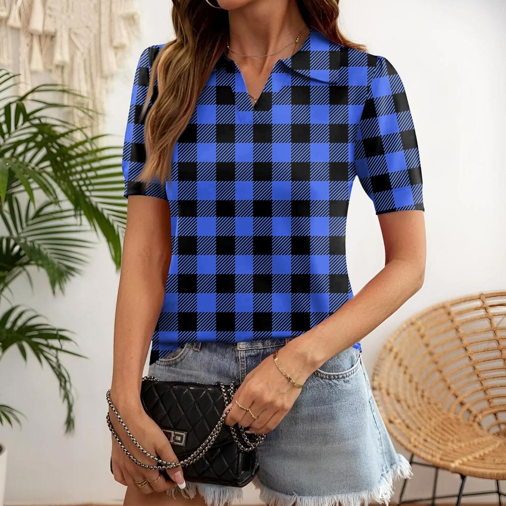 Women’s Short Sleeve Polo Shirt with Classic Checkered Pattern Casual Collar Design for Daily Wear Office School