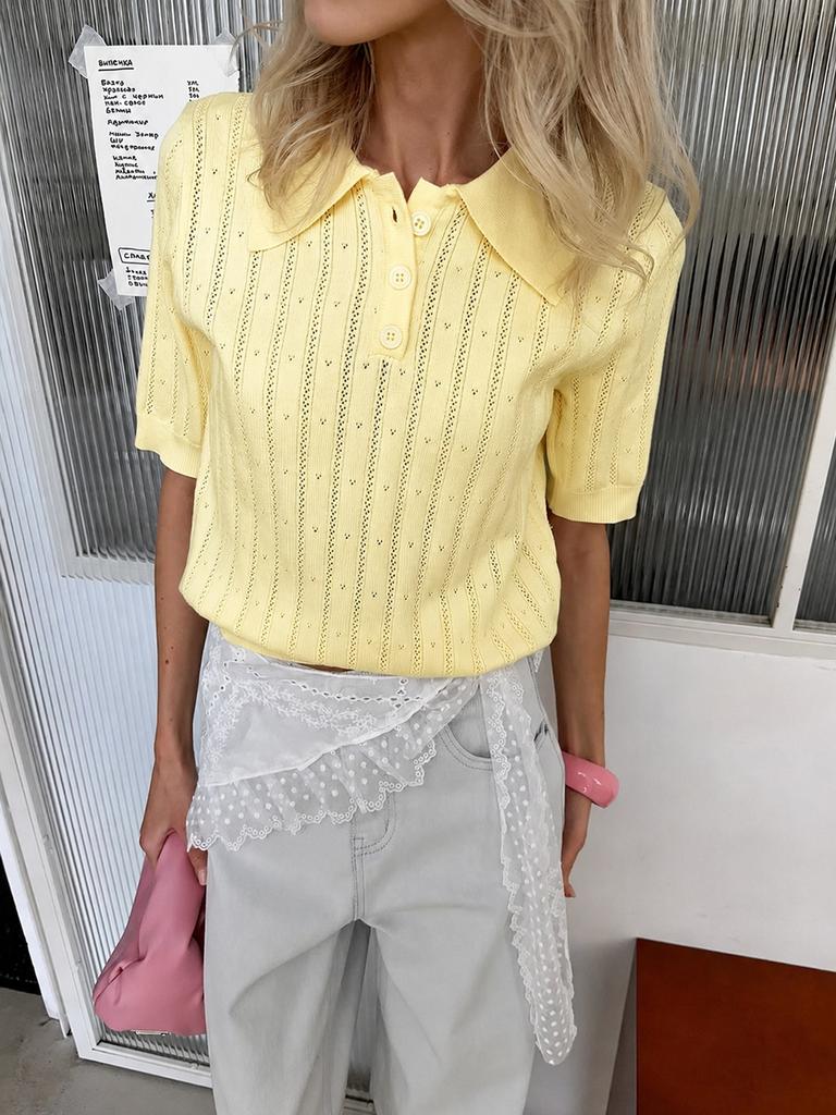 European and American Women's Casual Temperament Polo Shirt Women's 2026 Summer Solid Color Versatile Pick-hole Knitted Short-sleeved Top