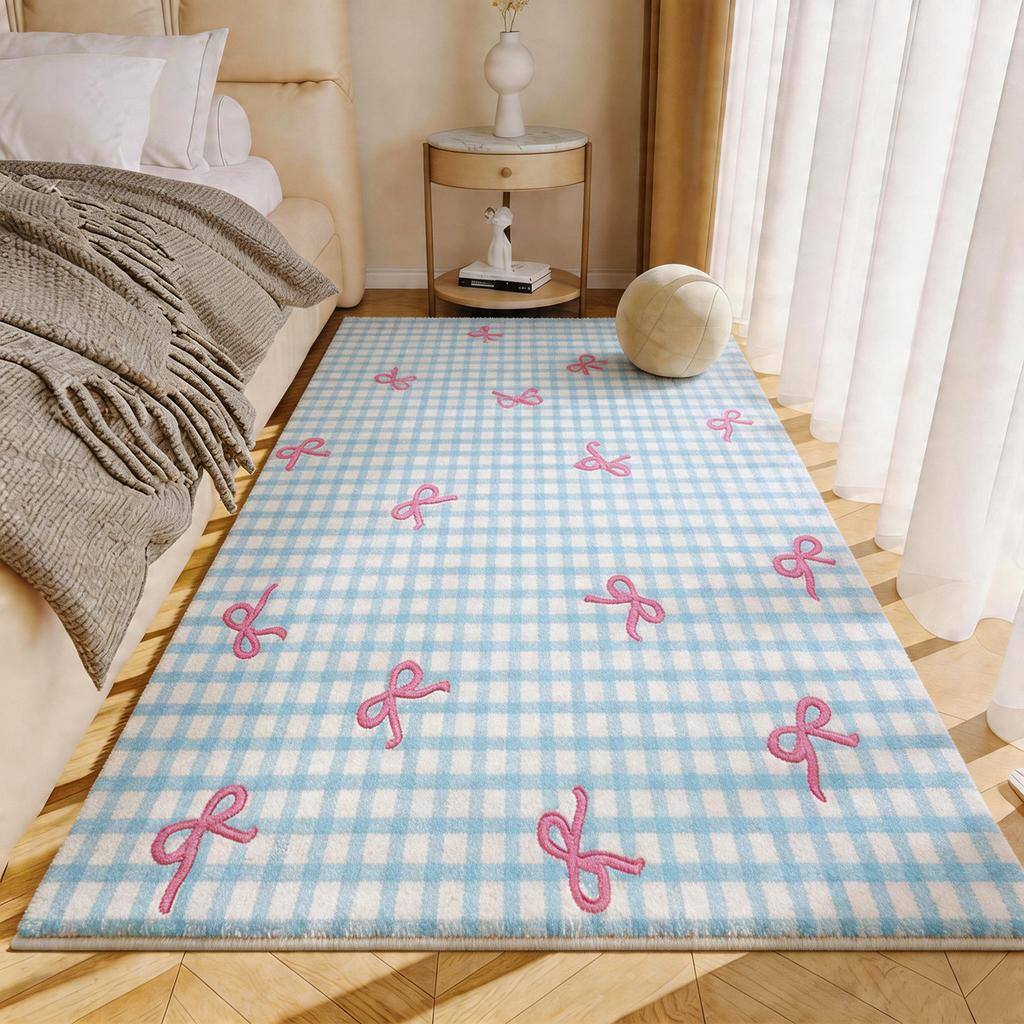 Bow Plaid Pattern Rugs for Bedroom Thicken Plush Bedside Floor Mat Washable Living Room Decoration Carpet Fluffy Soft Lounge Rug
