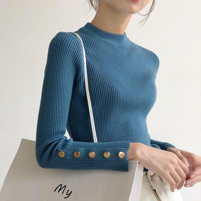 Autumn Winter Half High Collar Knitted Sweaters Women Long Sleeve Slim-fit Tight Chic Jumper Bottoming Pullovers Top
