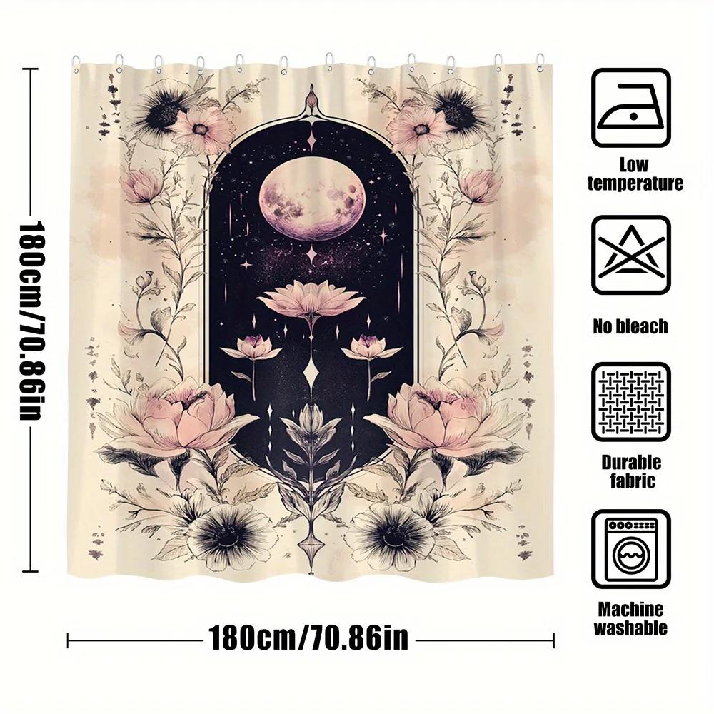 1Pc Gothic Celestial Full Moon Shower Curtain With Floral Motif – Elegant Victorian And Modern Fantasy Aesthetic