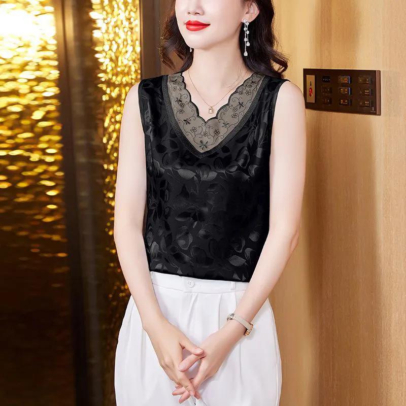 WTEMPO Large Size Satin Jacquard Camisole Vests for Women Spring Summer Solid Color Loose Lace Patchwork Sleeveless Tops