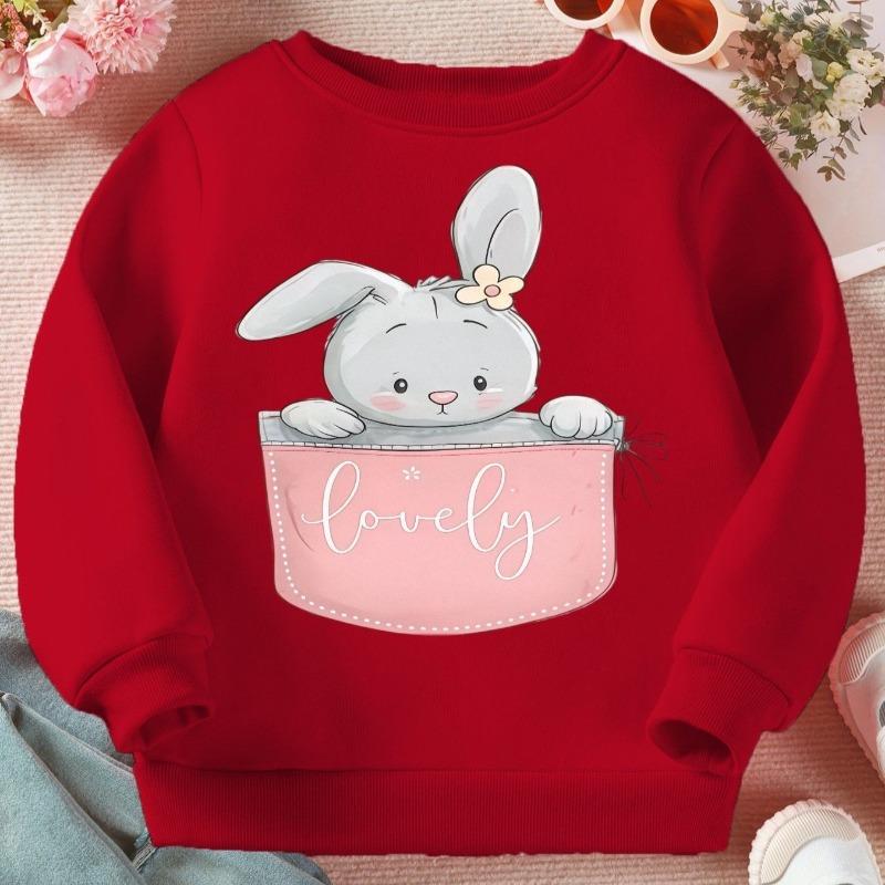 Kids Crewneck Long Sleeve Sweatshirt, Cute Sweet Cartoon Pink Bunny Print, Casual Kids Top 110