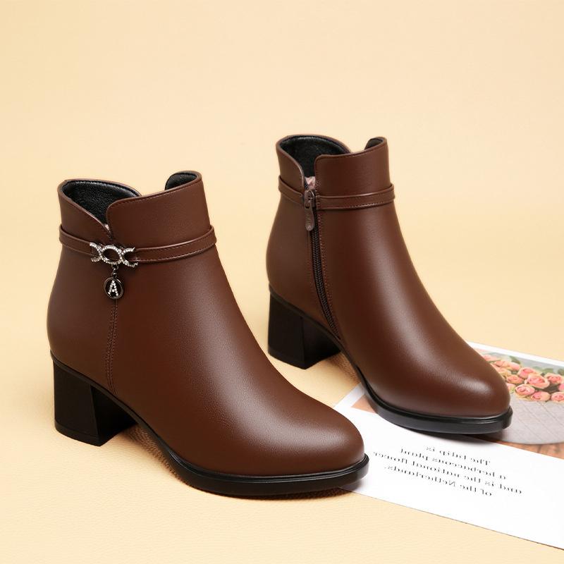 New Fashion Women Soft Leather Ankle Boot High Heels Zipper Cotton Shoe Warm Plush Velvet Fur Winter Short Boots