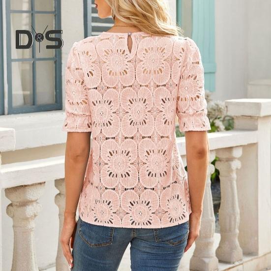 Women Tops Round Neck Puff Short Sleeve Hollow Lace Pullover Tops Solid Color Loose Fit Summer T-shirt