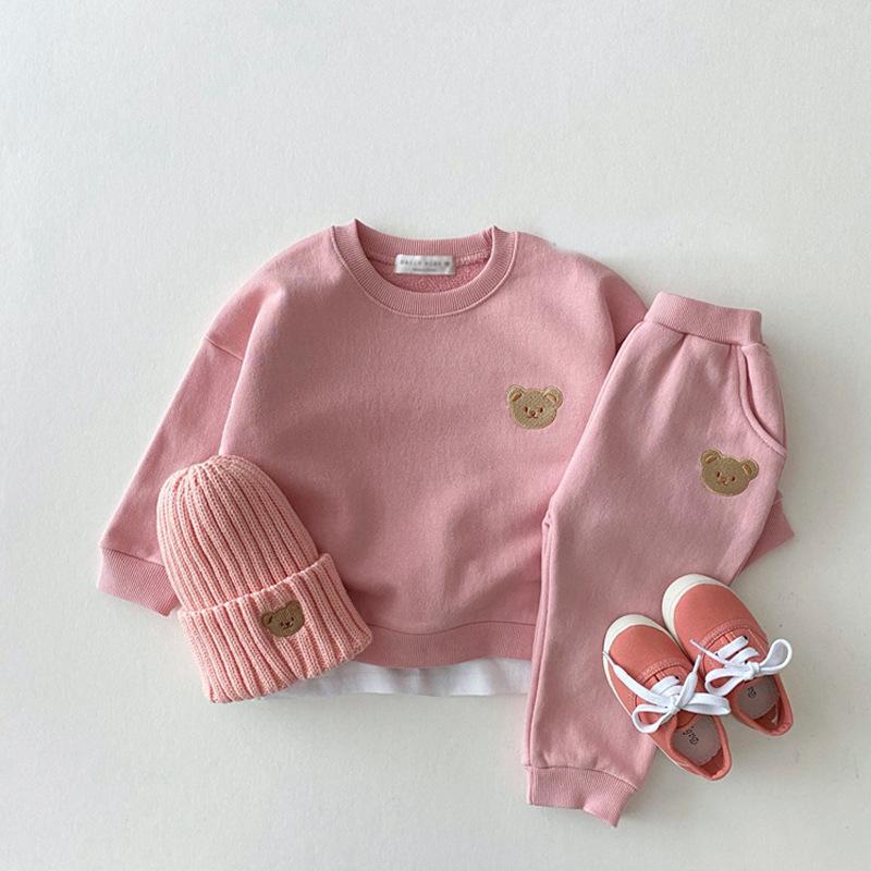 2PCS Children's Set Spring and Autumn Simple Little Bear Head Round Neck Long Sleeve Pants Top + Pant Two Piece Set