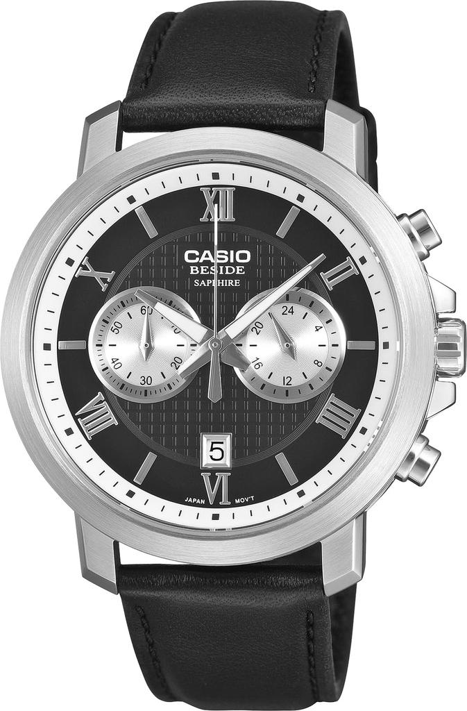 CASIO BESIDE Chronograph Watch Sapphire Crystal Black Leather Band Display Black Overseas Model Men's BMS-500L-1A 24-Hour
