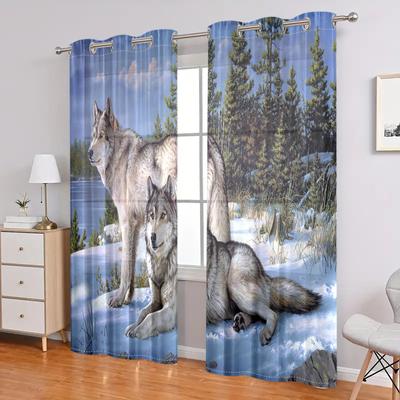 2 Pieces, Winter Snow Wolf Pattern Curtains - Semi Blackout Perforated Curtains - Living Room Bedroom Home Decoration
