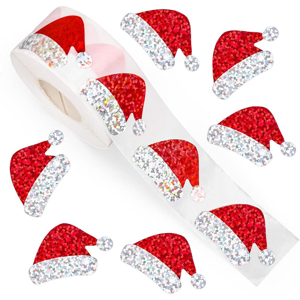

500pcs/Roll Christmas Gift Tags Gift Label Stickers Red Santa Hat Design with Glitter Cards Gift Packaging Decoration Navidad 25 1roll
