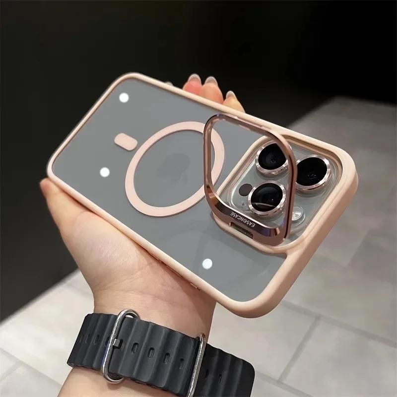 Metal Ring Lens Stand Protector Magnetic Phone Case for IPhone 17 16 15 12 13 14 11 Pro Max for Magsafe with Glass Lens Cover
