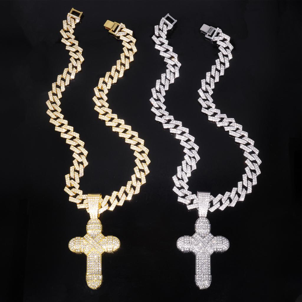 Men Hip Hop Cuban Chain Alloy Necklace Trendy Rap Style Full Diamond Wrapped Cross Pendant Street Fashion Accessories
