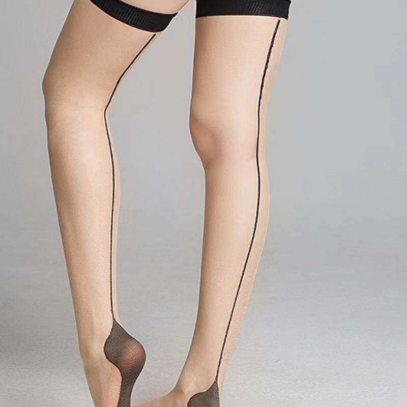 Vintage Cuban Heel Back Seam Thigh High Stockings Oil Shiny Ultra Thin Transparent Silk Hosiery Women Sexy Patchwork Lingerie