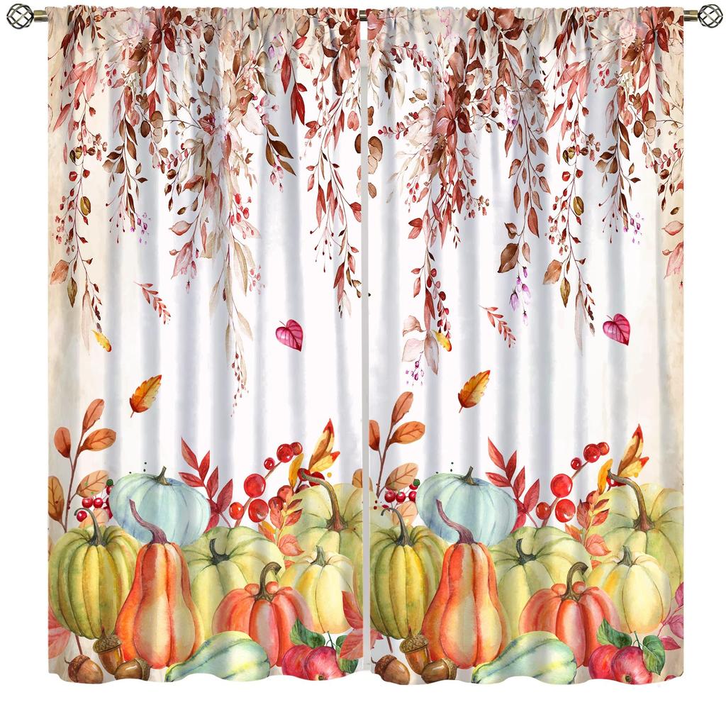 Autumn Leaf Pumpkin Print Curtain Fall Festival Curtains Bedroom Living Room Happy Thanksgiving Decor With Blackout Polyester Perfect For